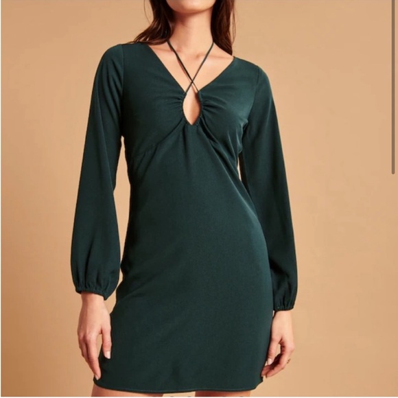 Abercrombie & Fitch Long-Sleeve Strappy Halter Mini Dress in Forest Green Small - Picture 4 of 12